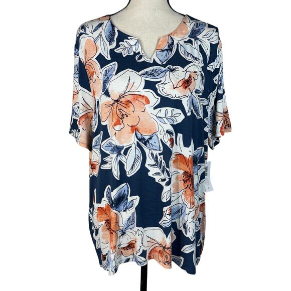 Chico’s SZ 3 (X-Large) Top Floral Blooms Stretch V-Neck Short Sleeve Lightweight - Picture 1 of 8